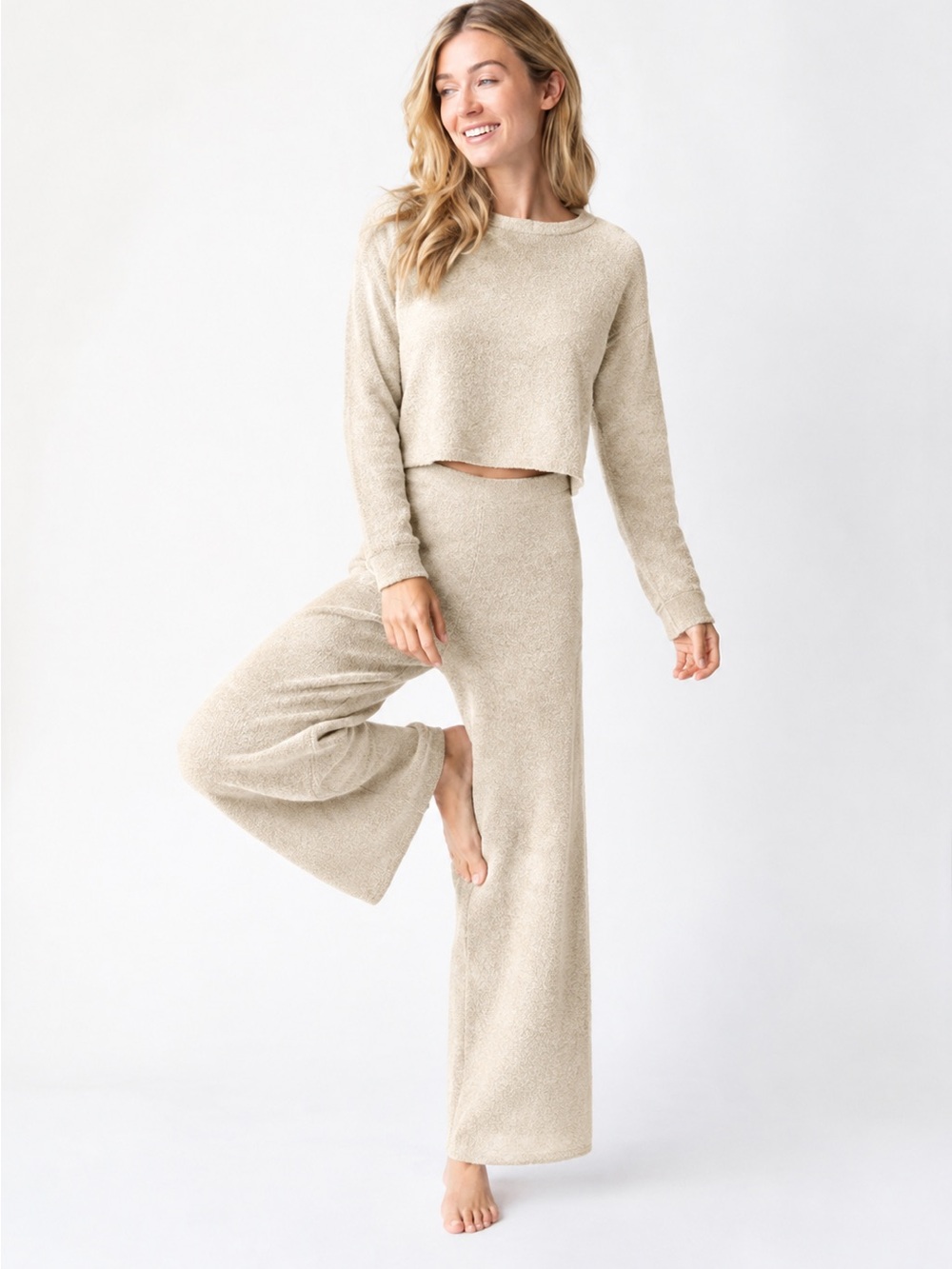 NATURAL LIFE Cozy Up Cream Knit Lounge Set Pants & Top